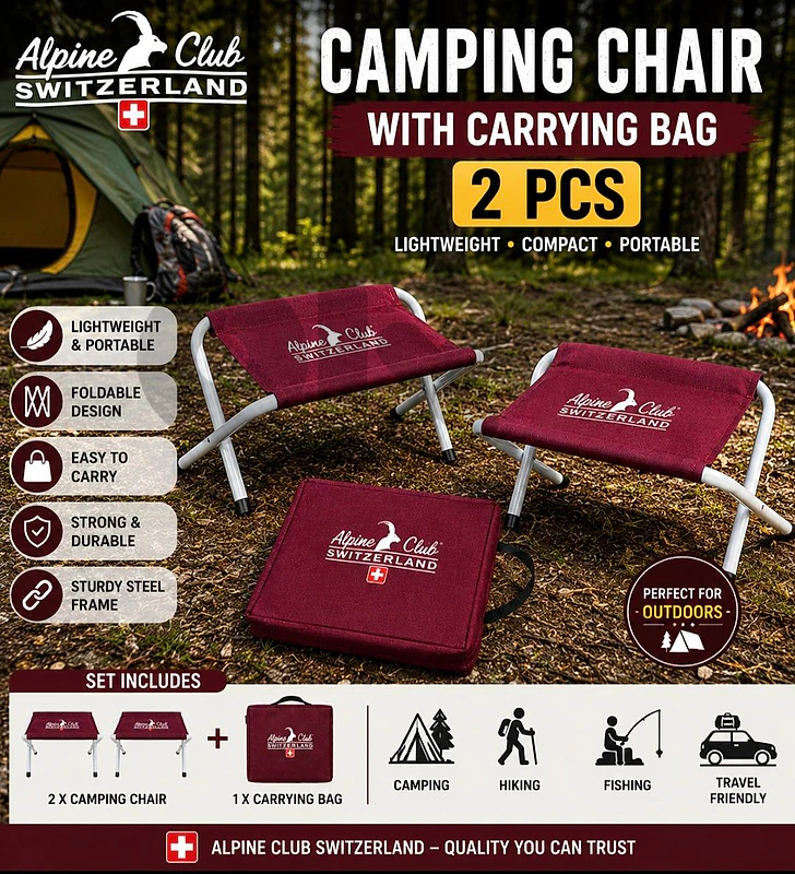 Alpine Club Switzerland Set Of Foldable Camping Chair +Carry Bag 2 Pcs