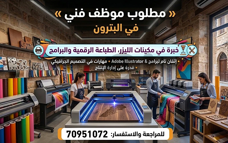 مطبعة مجهزة مطلوب موظف يتقن ليزر، طباعة، Illustrator & Photoshop)