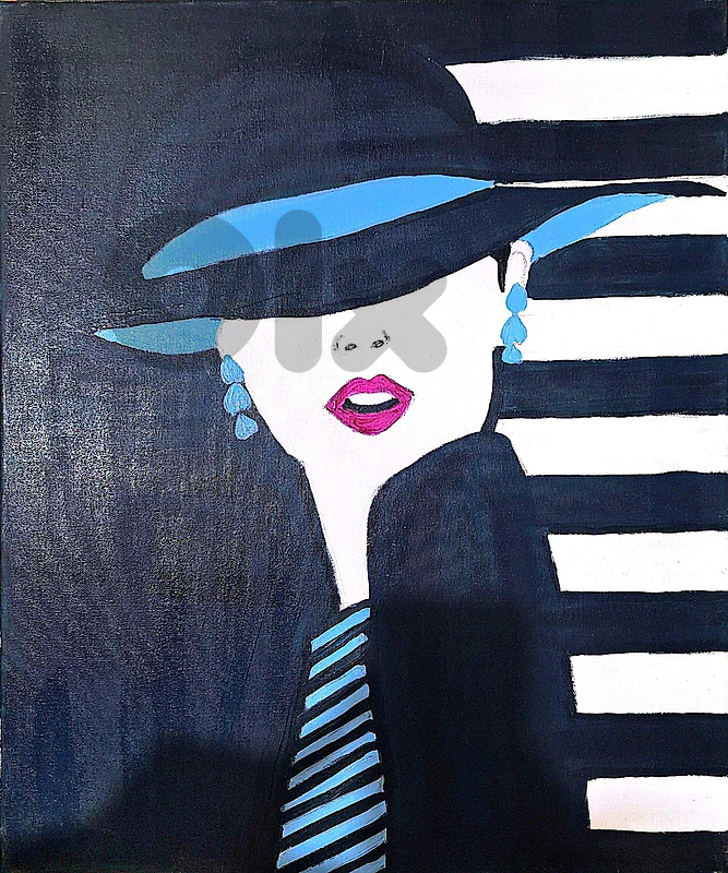 Elegant Woman with Blue Hat – Original Acrylic Painting on Canvas