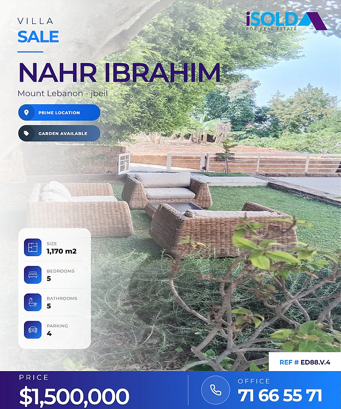 Villa+ garden for sale in Nahr ibrahim - فيلا للبيع في نهر ابراهيم