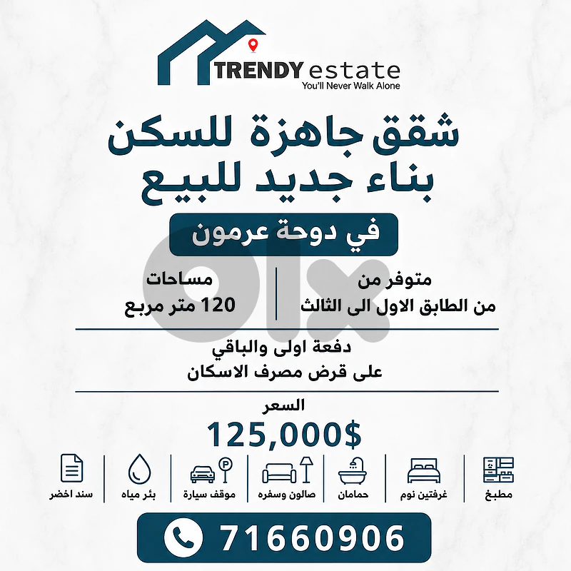 شقق سكنية جديدة للبيع في دوحة عرمون دفعة اولى والباقي قرض مصرف اسكان