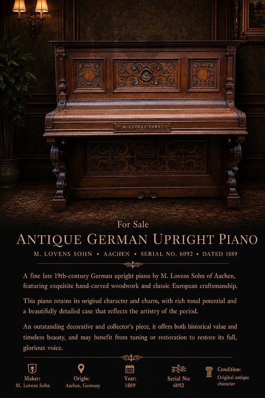 Antique German Upright Piano – M. Lovens Sohn, Aachen – 1889