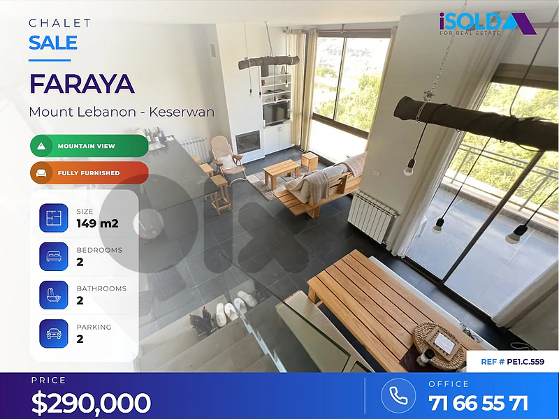 134m² furnished duplex chalet, garden&mountain view for sale in Faraya