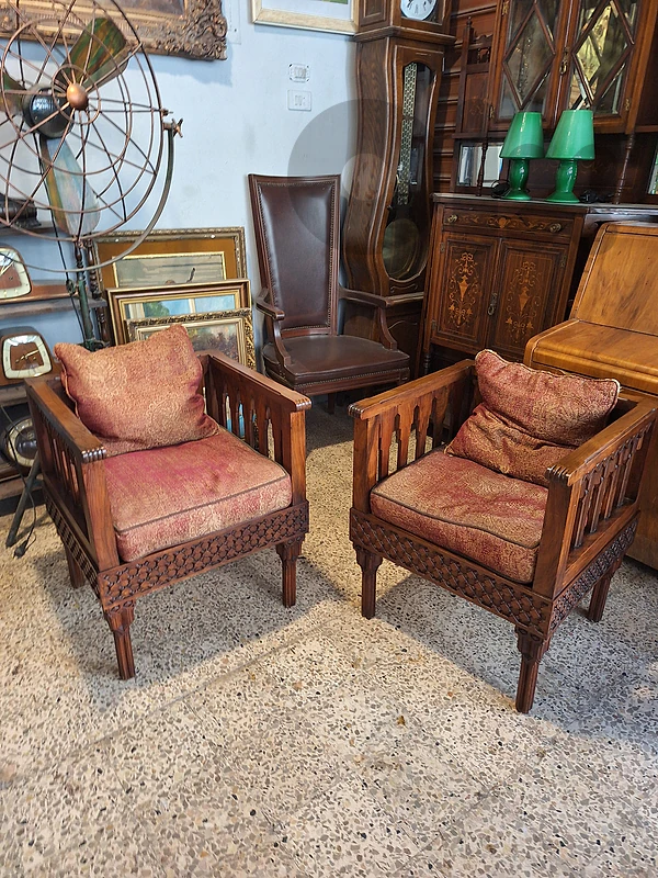 2 antique eastern handcrafted solid wood armchairs