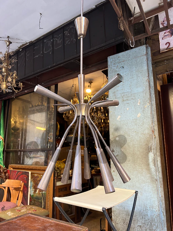 Mid-Century Modern Italian Brass and Glass Chandelier  1950’s