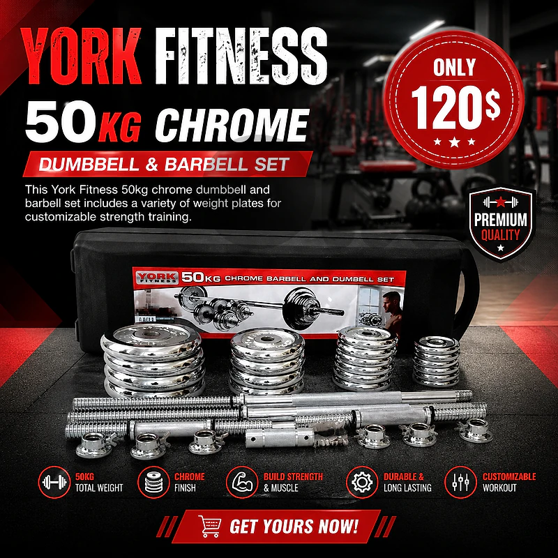 York Fitness 50kg chrome dumbbell and barbell set 120$