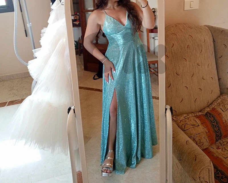 blue shiny dress