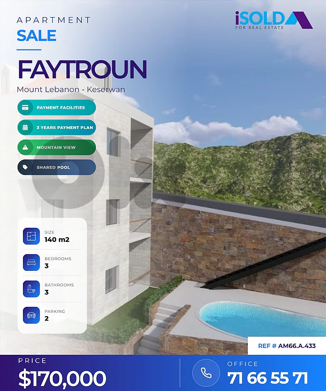 Under CO. Apartment+Pool with payment facilities 4sale in Faytroun