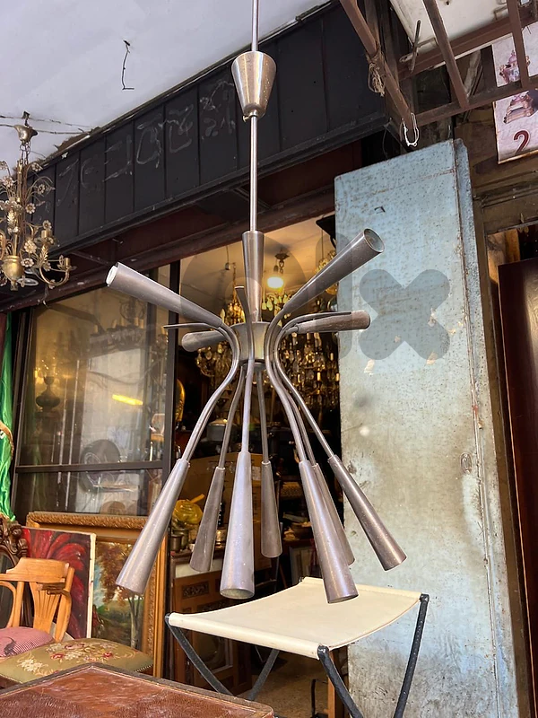 Mid-Century Modern Italian Brass and Glass Chandelier  1950’s