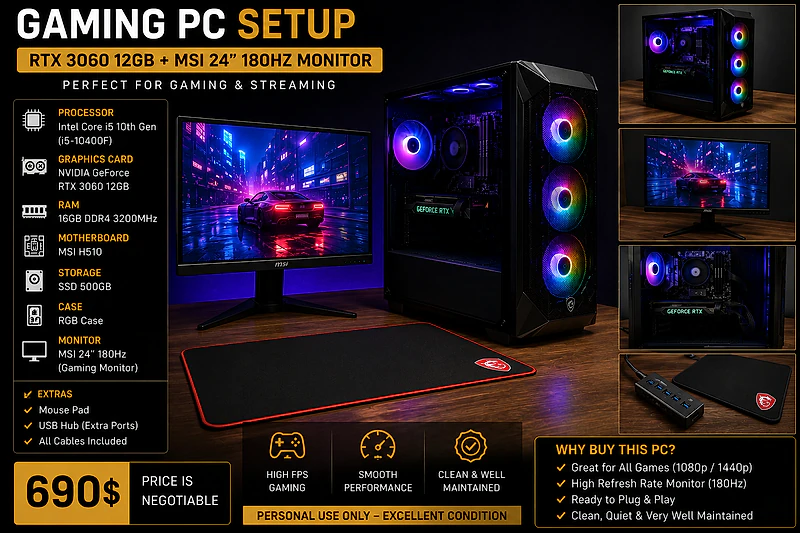 🔥Gaming PC RTX 3060 12GB +MSI 24" 180Hz Monitor|i5 10th Gen| 16GB RAM