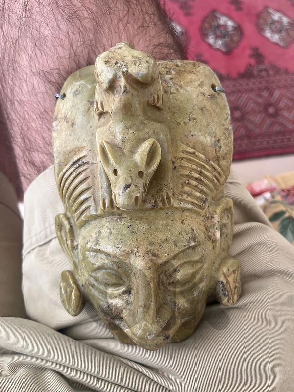 Vintage Mayan Style Carved Green Stone Mask with Bat