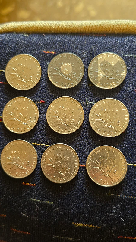 Lot of 9 France 1 Franc 1960 Coins - Sower Design - UNC/VF
