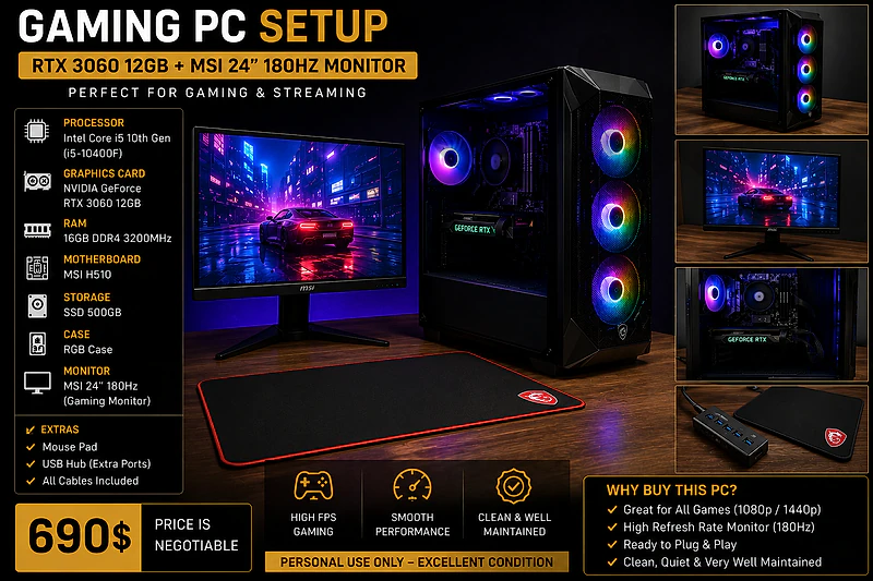 🔥Gaming PC RTX 3060 12GB +MSI 24" 180Hz Monitor|i5 10th Gen| 16GB RAM