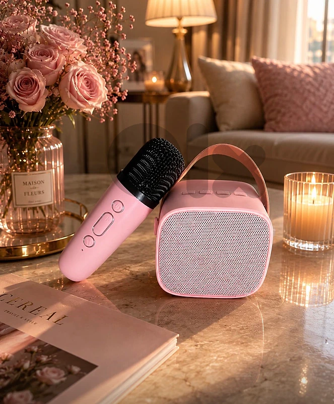 pink mic and speaker