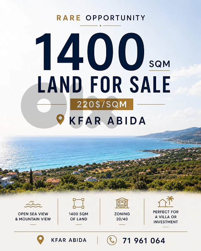 1400 SQM Land for Sale – Kfar Abida    أرض للبيع – كفرعبيدا