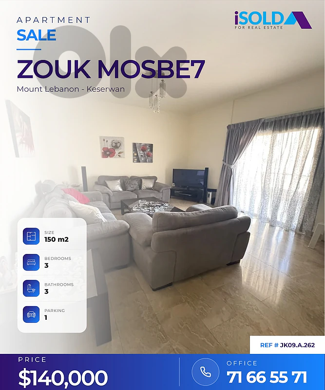A furnished 150 m2 apartment for sale in Zouk mosbe7 Adonis