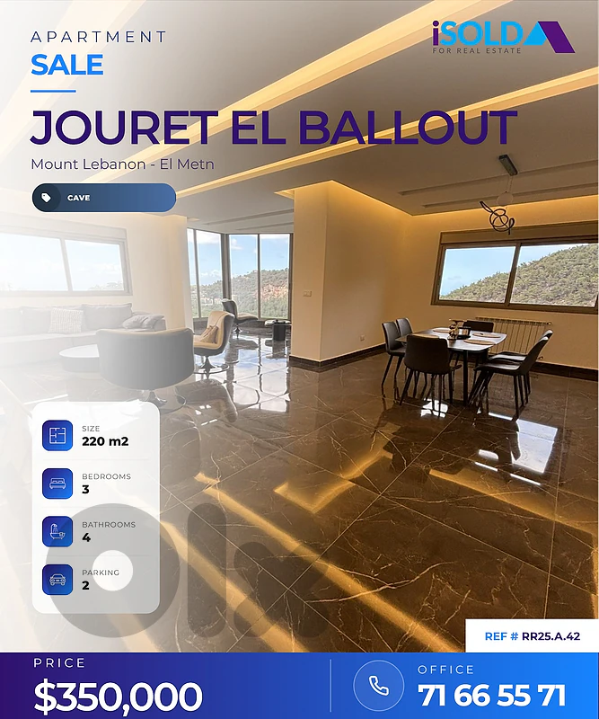 Furnished 220 m² Apartment with Open Mountain View | Jouret El Ballout