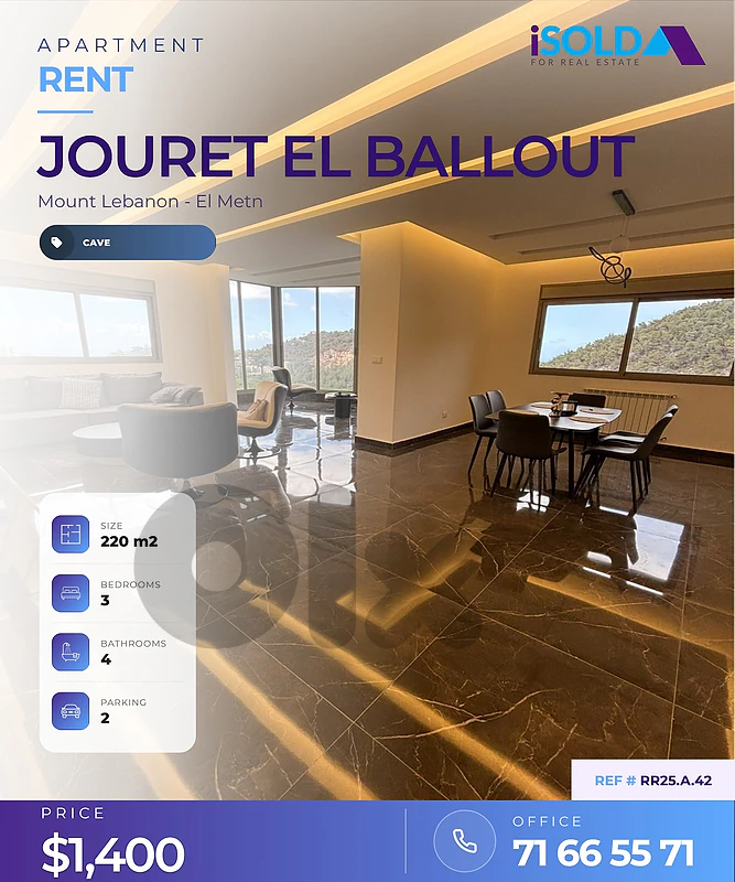 For Rent | Furnished 220 m² Apartment | Jouret El Ballout
