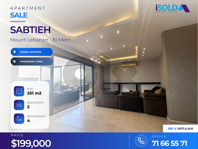 A decorated furnished 250 m2 apartment + terrace for sale in Sabtieh