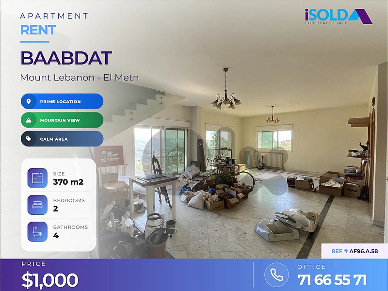 A 370 sqm triplex apartment for rent + open mountain view in Baabdat