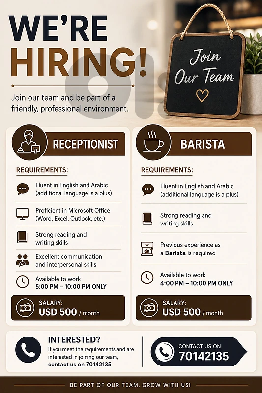 HIRING FOR BEIRUT RAWCHE RECEPTIONIST + BARISTA