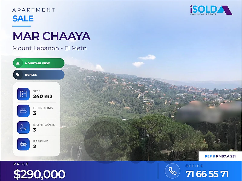 Separate 240m² Duplex | Terrace & Mountain View | Mar Chaaya