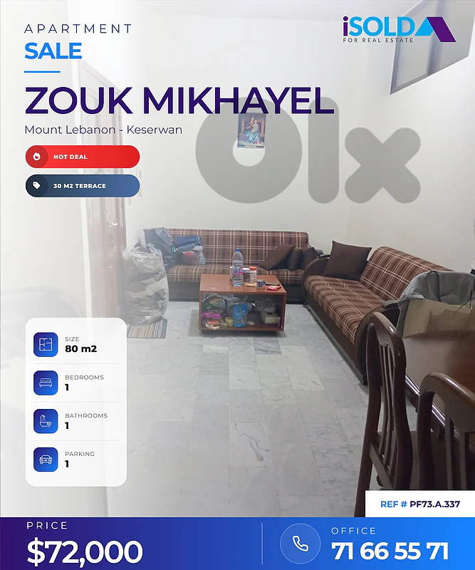 70 sqm apartment + 30m2 terrace sale in Zouk mikhayel-PF73.A.337