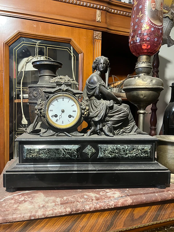 French Bronze & Marble Allegorical Mantel Clock, Mid-19th C