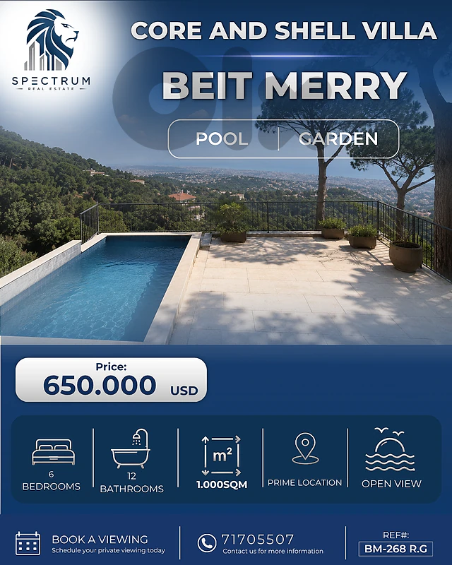 CORE AND SHELL | VILLA | POOL | BEIT MERRY | GARDEN | 6 BEDS, (BM-268)