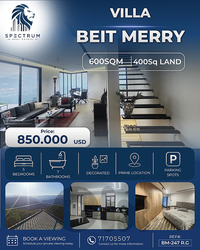 LUXURIOUS VILLA FOR SALE IN BEIT MERRY PRIME, PANORAMIC VIEW, (BM-247)