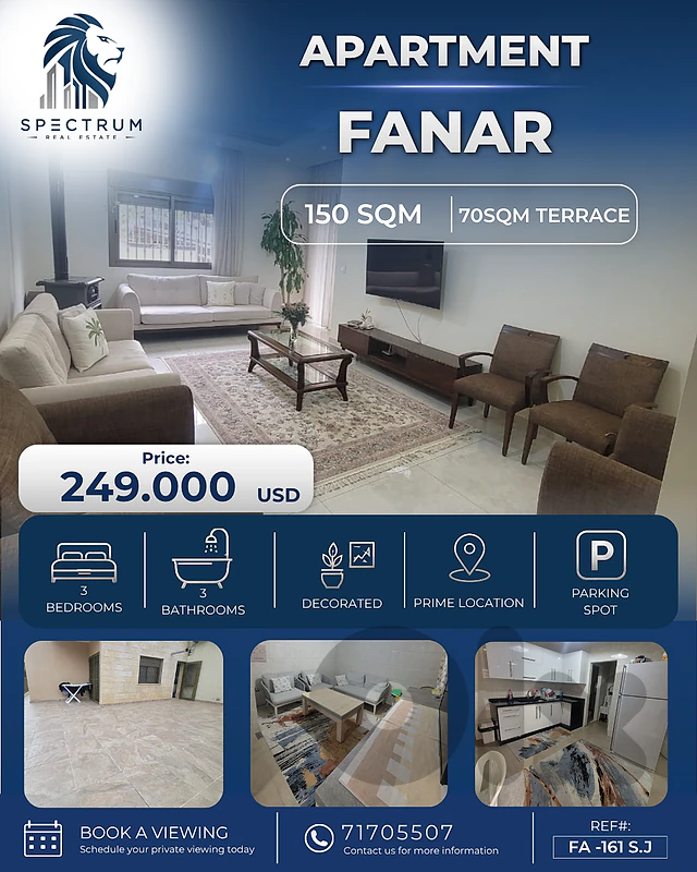 APARTMENT FOR SALE IN FANAR (170SQ) WITH HUGE TERRACE ,(FA-161)