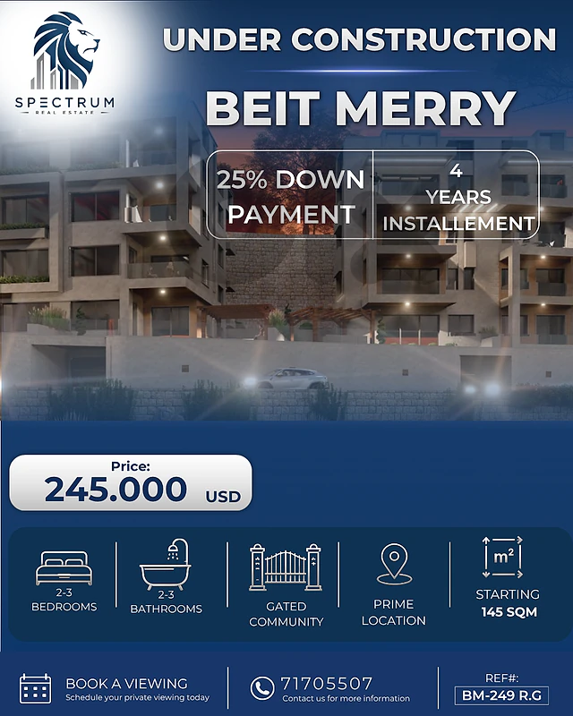 25% DOWN PAYMENT PAYMENT FACILITIES IN BEIT MERRY PRIME , (BM-249)