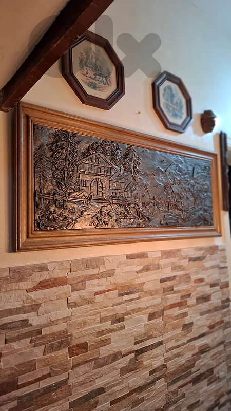 Monumental Antique Pewter Repoussé Alpine Village Relief