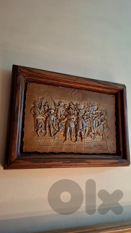 Rare Signed "The Night Watch" Framed Antique Relief Plaque