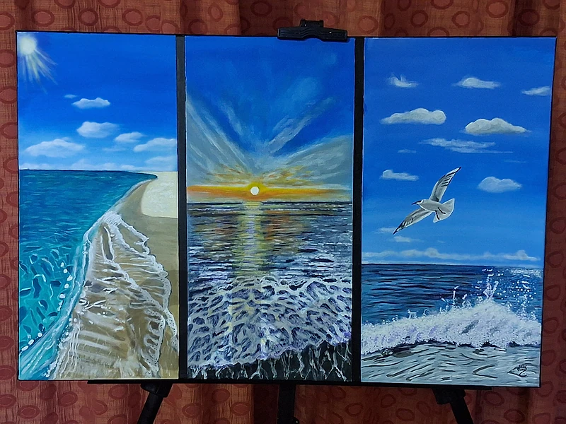 3 seascapes paintings on 1 canvas ثلاث لوحات بحر بكانفاس واحدة