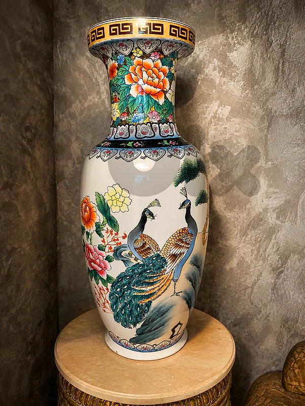 2 Vintage Chinese People Peacock Red Sun Large White Blue Vase
