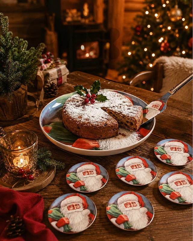 Vintage Christmas Porcelain Plate Set with Matching Cake Server