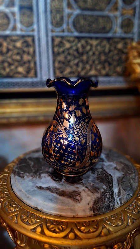 Bohemian Cobalt Blue & 24K Gold Gilt Antique Art Glass Vase