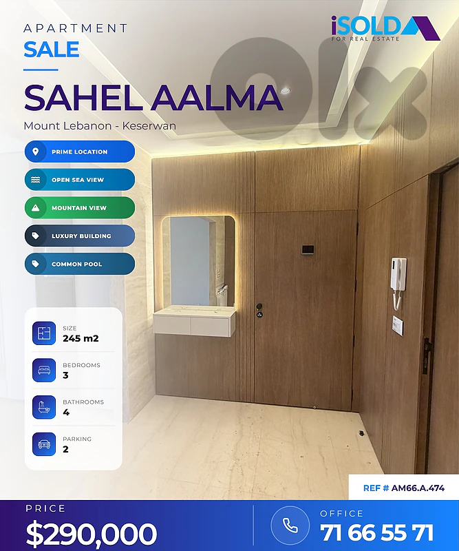 Apartment+open mountain/sea view 4 sale in Sahel aalma