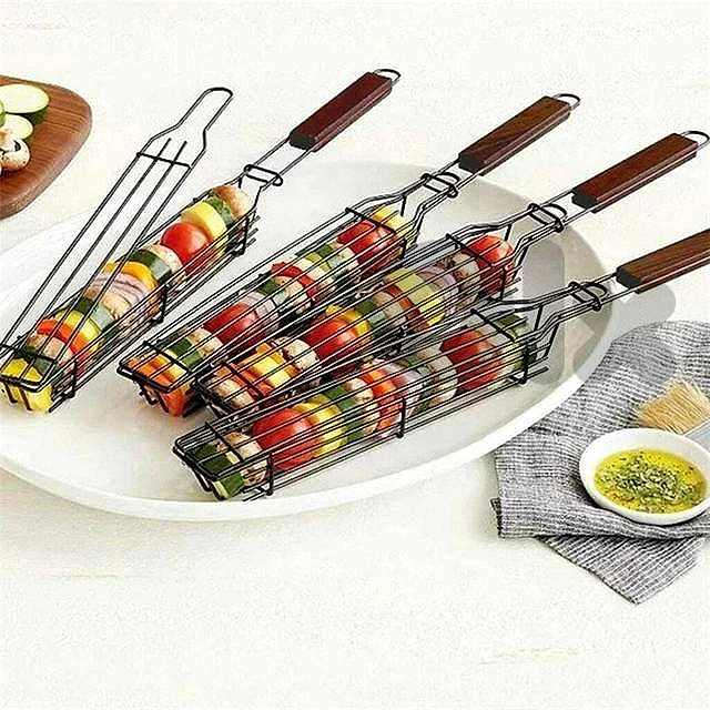 Non-Stick Kebab Grill Baskets (4-Pack) – Carbon Steel, Rosewood Handle