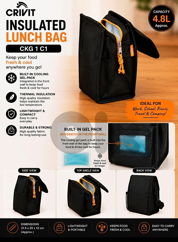 CRIVIT thermal Insulated Lunch Bag – 4.8L, Built-in Cooling Gel Pack