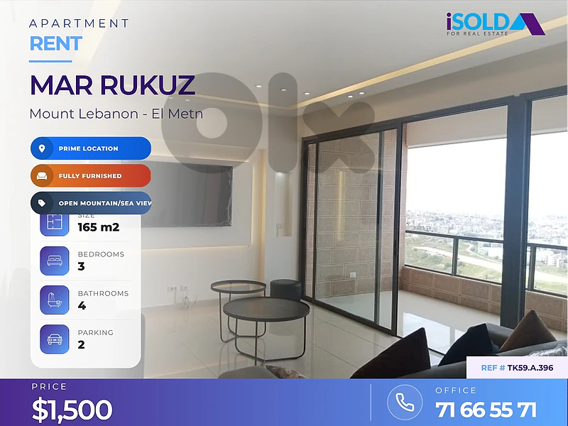 Furnished 165 m² Apartment for Rent in Mar Roukouz with Open View