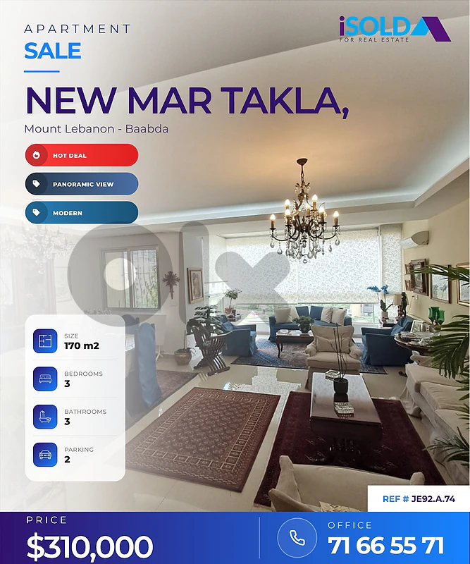 A 170 m2 modern apartment + panoramic view for sale in New Mar Takla