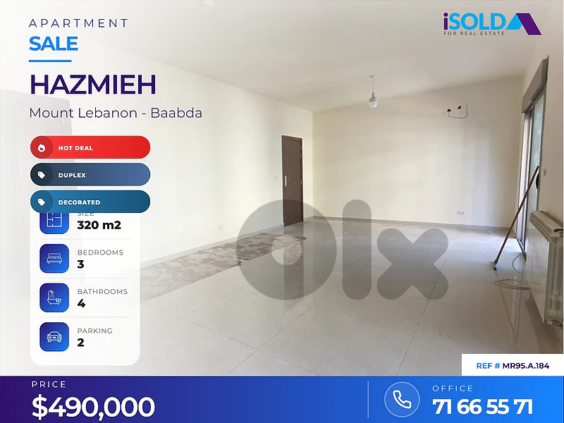 A decorated 310 m2 duplex apartment+ 30 m2 terrace for sale in Hazmieh
