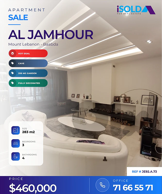 Decorated 200 m2 gf apartment +250 m2 garden for sale in Jamhour