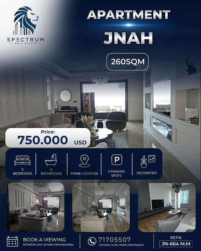 SPACIOUS APARTMENT IN JNAH PRIME (260SQ) 3 BEDROOMS , (JN-664)