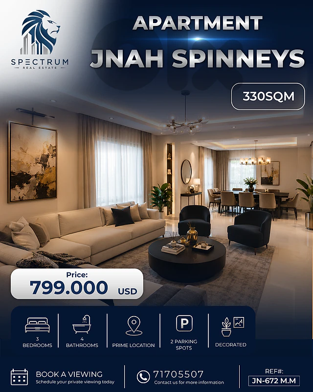 SPACIOUS APT IN JNAH SPINNEYS | 330SQ | 3 BEDS | JN-672 M.M