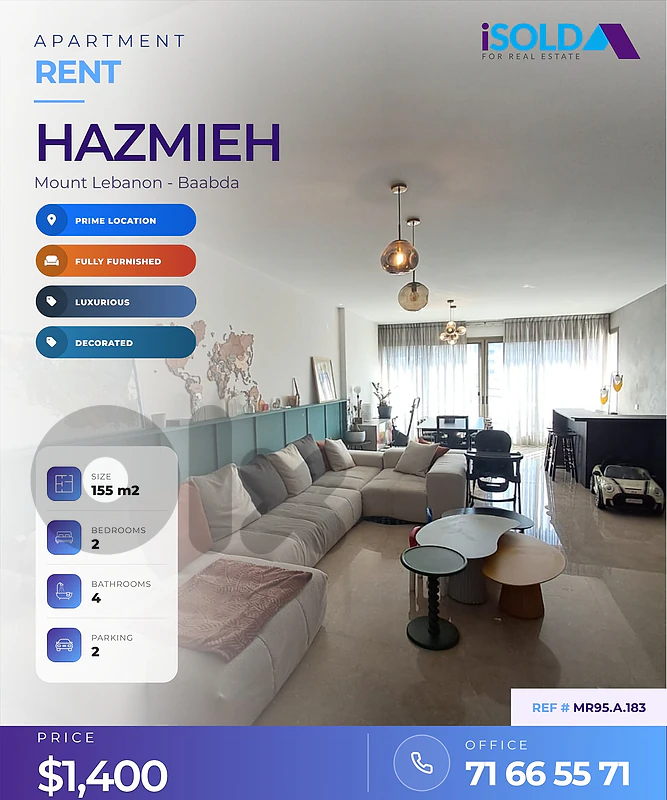 Furnished 2 bedroom apartment 4rent in hazmieh- Baabda - حازمية بعبدا