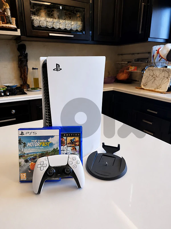 ps5 with controller,CDs, and stand