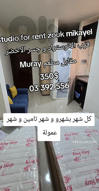 كل شهر بشهرو الاجار مفروش قرب الاتوستراد ذوق مكايل ٣٥٠$